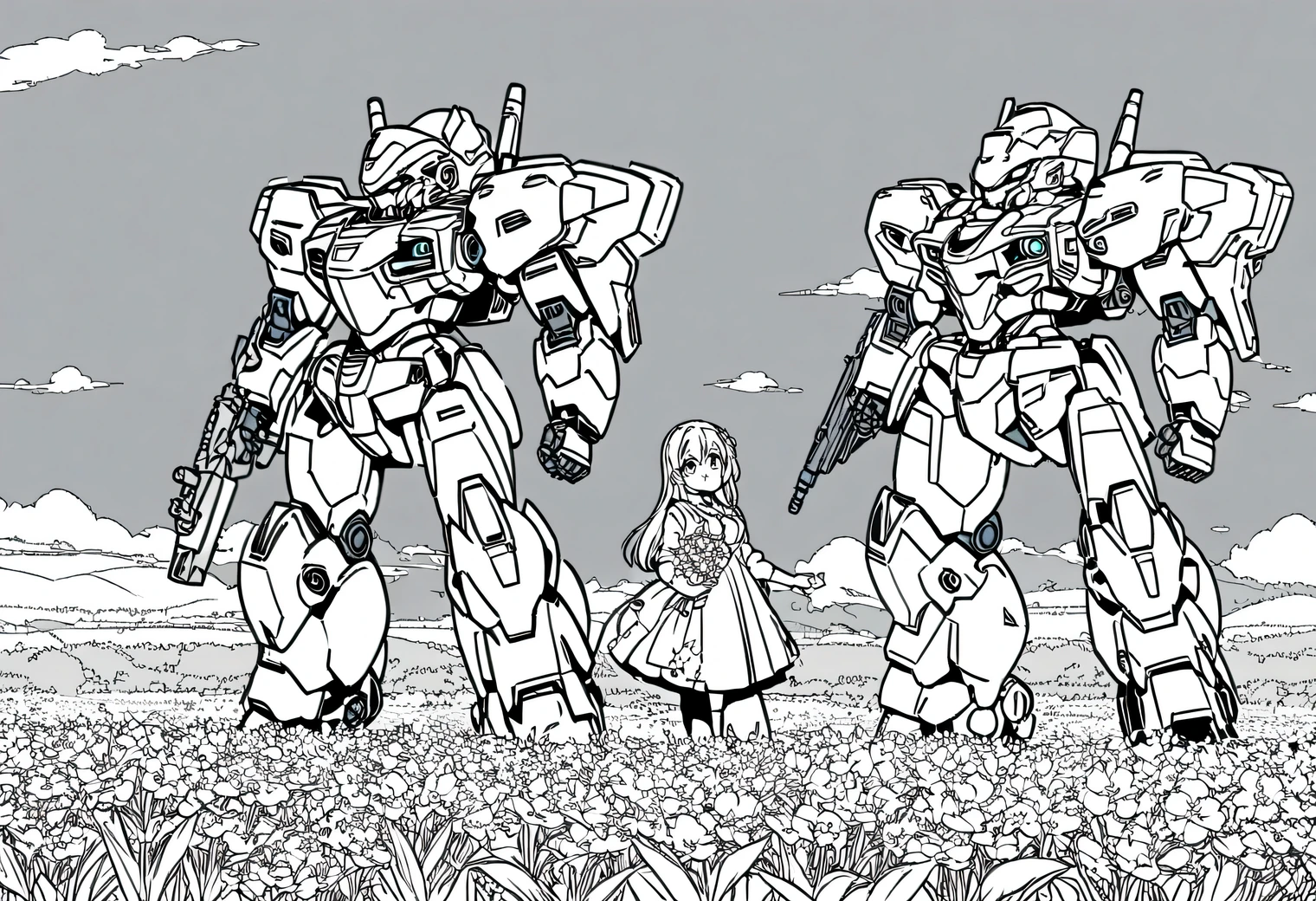 Anime line art, anime girl collects flowers in the field, next to her is guarded by a large high-tech combat Mech, line art, Anime line art