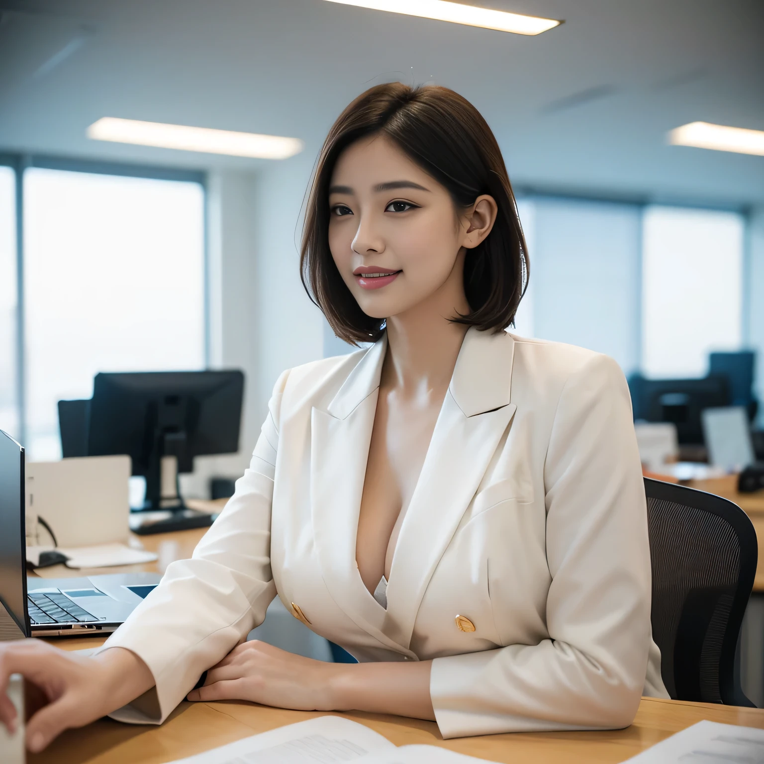 beautiful girl, 1girl, solo, korean Female Model, dynamic poses, ((smile)), ((office shirt)), ((wearing lanyard)), name tag, bob hair, blonde hair, blazer, black eyes, (((plumpy body))), sfw, (medium breast:1.3), cleavage, Morning sunshine,Eyes on the audience, ((dynamicposes)),((dynamicbackground)), ((face details)),Double eyelids, reeds, realistic, masterpiece, highest quality, lens flare, shade, ((corporate office background)), [[chromatic aberration]], by Jeremy Lipking, by Antonio J. Manzanedo, digital painting, HDR, high contrast
