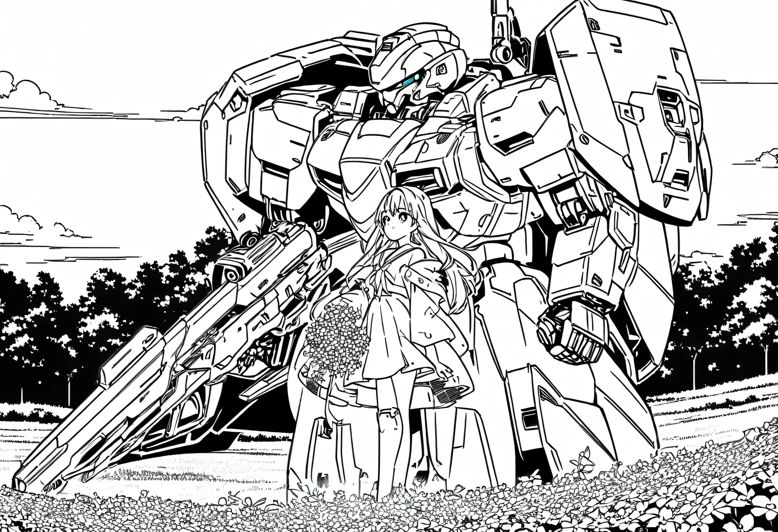 Anime line art, anime girl collects flowers in the field, next to her is guarded by a large high-tech combat Mech, line art, Anime line art