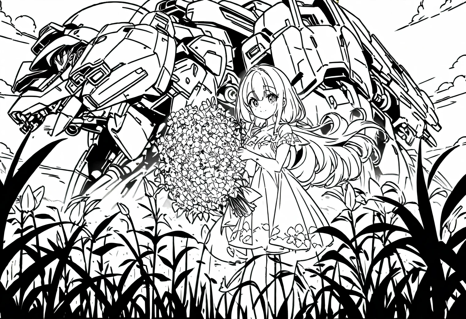 Anime line art, anime girl collects flowers in the field, next to her is guarded by a large high-tech combat Mech, line art, Anime line art