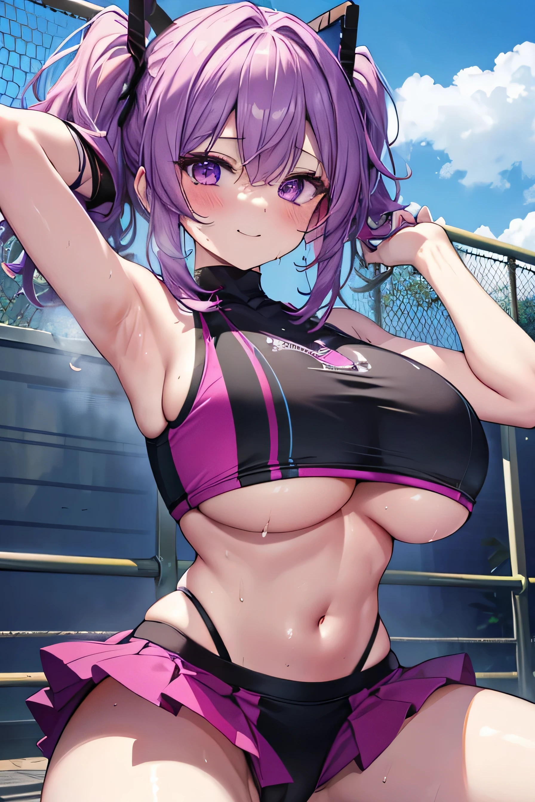 high color saturation、masterpiece、highest quality、High resolution, cheerleader, Improve, (sunburned skin), purple hair color, black mesh, Sweat,
huge breasts, open your mouth, narrow your eyes,smile, blush, (underboob), 1 girl, (:1.8, missionary:1.3),