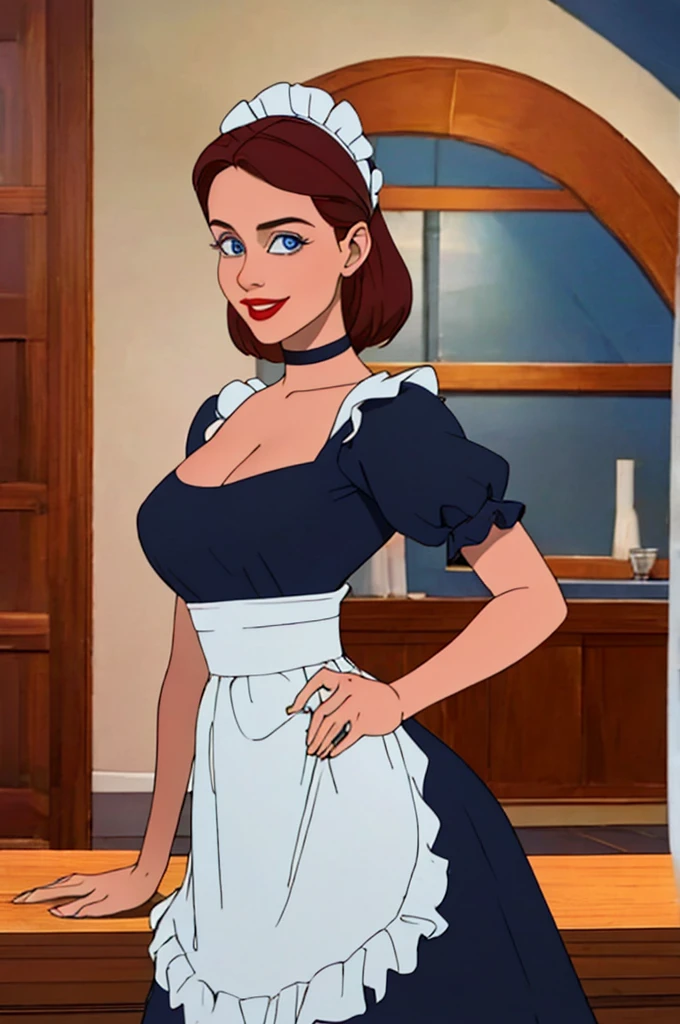 A pretty maid. best quality, masterpiece, Auburn hair, sky blue eyes, wearing a steriotypical French maid outfit, (headdress、white blouse、black ribbon、White Apron、ruffle skirt、puff sleeves、collar、choker、apron with fine ruffles：1.3)、black maid costume). looking up, upper body,hair strand,Fair skin, Large chest,. Adorable, mature Woman,detailed big-eyed woman, round face. promenent red lips. Smileing,In the mansion library, large ass, Picture from the side,looking at the scenes, intense colors, Very valuable details, complex details, volumetric lighting, digital art, 8k, trending on Artstation, Clear focus, complex details, highly detail, Greg Rutkowski Big Eyes, high-resolution, Auburn hair. Elle Bamber., attractive chest, .Photorealistic. Confidence, self esteem, assertiveness, dominance. wide Amused smile. Sultry expression. , Cleavage. Perky bosum.
