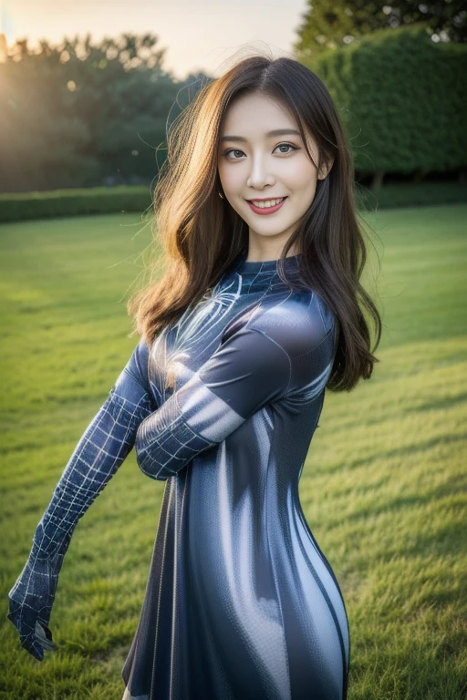 (best quality,4k,8k,highres,masterpiece:1.2),ultra-detailed,(realistic,photorealistic,photo-realistic:1.37),bright lighting,spider girl dress,dancing,graceful movements,fairy tale garden,enchanted atmosphere,ethereal,flowers blooming,green meadow,beautiful sunset,happy expression,expressive eyes,long flowing hair,joyful atmosphere