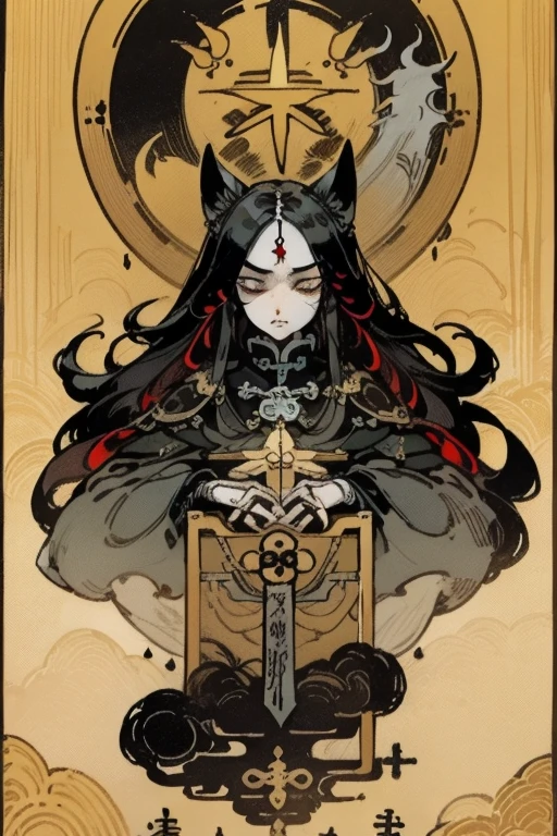 emperor tarot card, 1girl, long hair, death, border, title, ink painting style,clean colors,Decisive cuts,a blank,masterpiece, Super exquisite,epic work,high quality,最high quality,4k The anthropomorphization of Chinese mythical beasts,the dark god of cat)