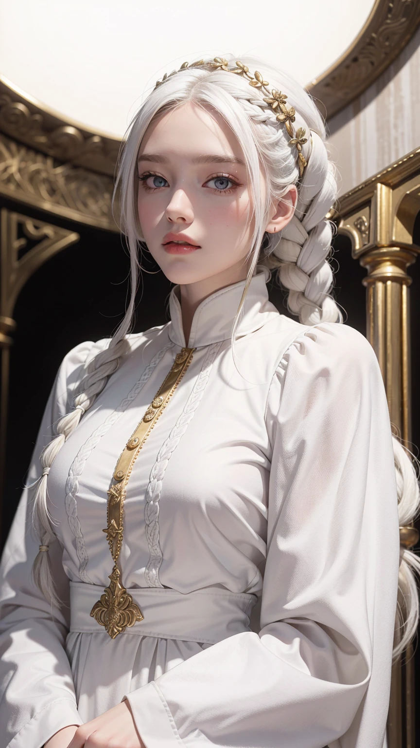 best quality, masterpiece,white hair, gold eyes,white clothes, looking up, upper body,hair strand,Fair skin,side braids
