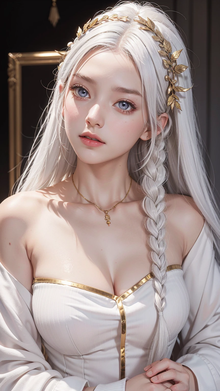best quality, masterpiece,white hair, gold eyes,white clothes, looking up, upper body,hair strand,Fair skin,side braids