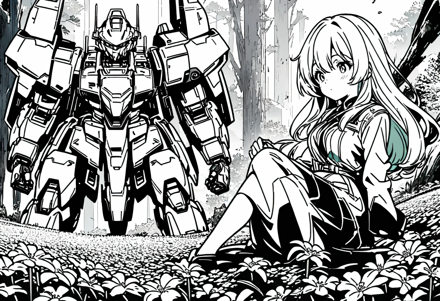 Anime line art, anime girl collects beautiful flowers in the field, next to her is guarded by a large high-tech combat Mech sitting in a clearing, line art, Anime line art