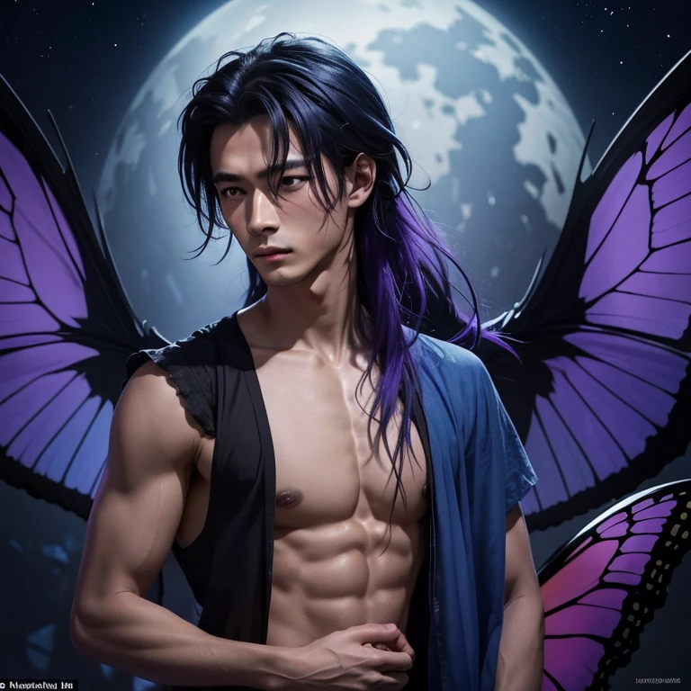 1boy, young male, teen, fairy, innocent face, cute face, youthful face, tanned skin, black eyes, fairy wings, black fairy wings, long hair, undercut, hair half shaved, purple hair, thin body, muscular, short, sexy, skimpy, jockstrap, tribal, monk, necromancer