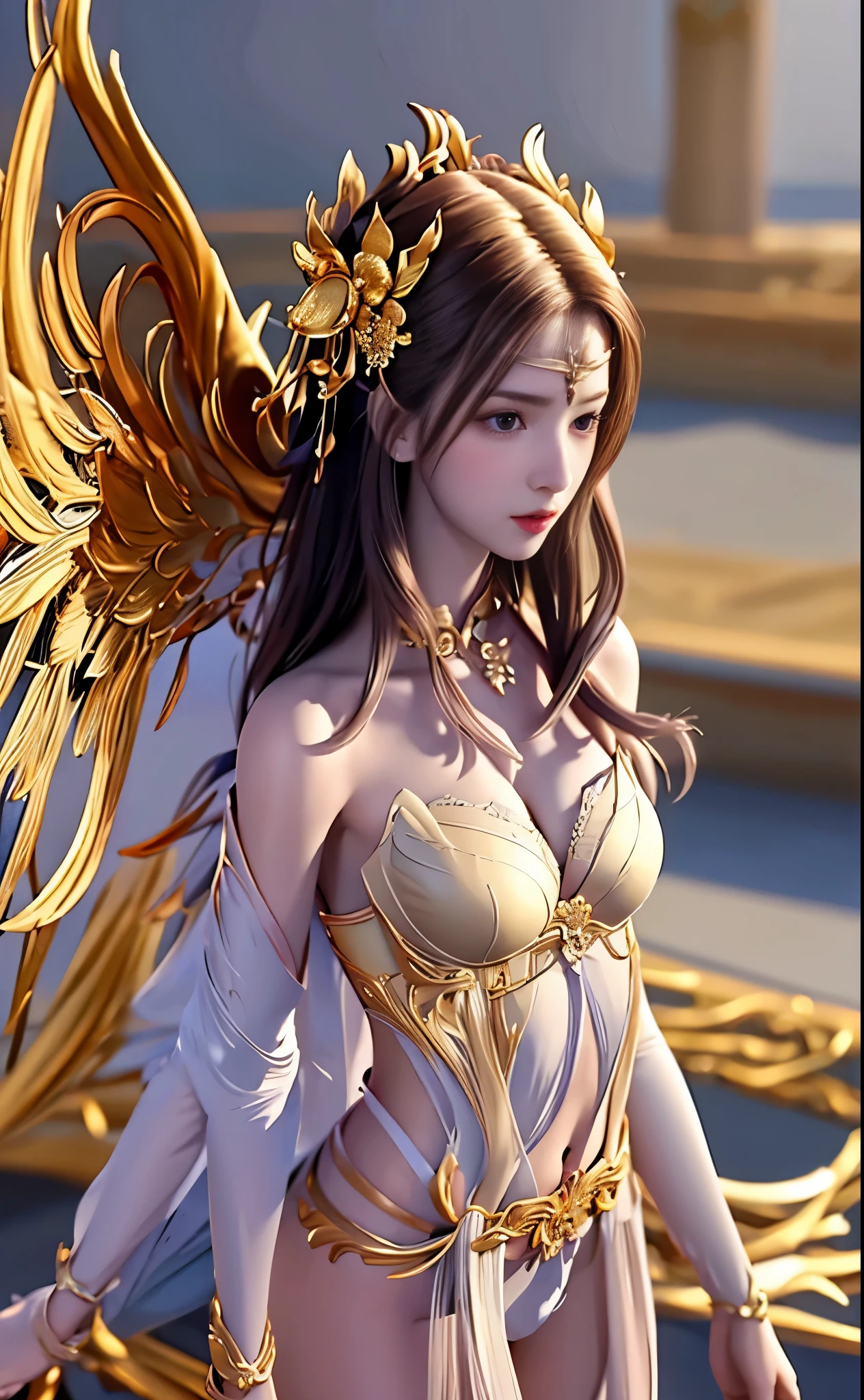 ((masterpiece, best quality;1.3)), ultra - detailed,plethora of colors,extremely detailed and beautiful background,1girl,solo,highly detailed beautiful face,beautiful face,Angelic,Detailed angel costume in gold,Angel wings,feather,Fantasy landscape,epic,The sword, holdingsword, undefined, Qiancheng Xue, Clear belly pocket,Erotic lingerie,with hands behind her back