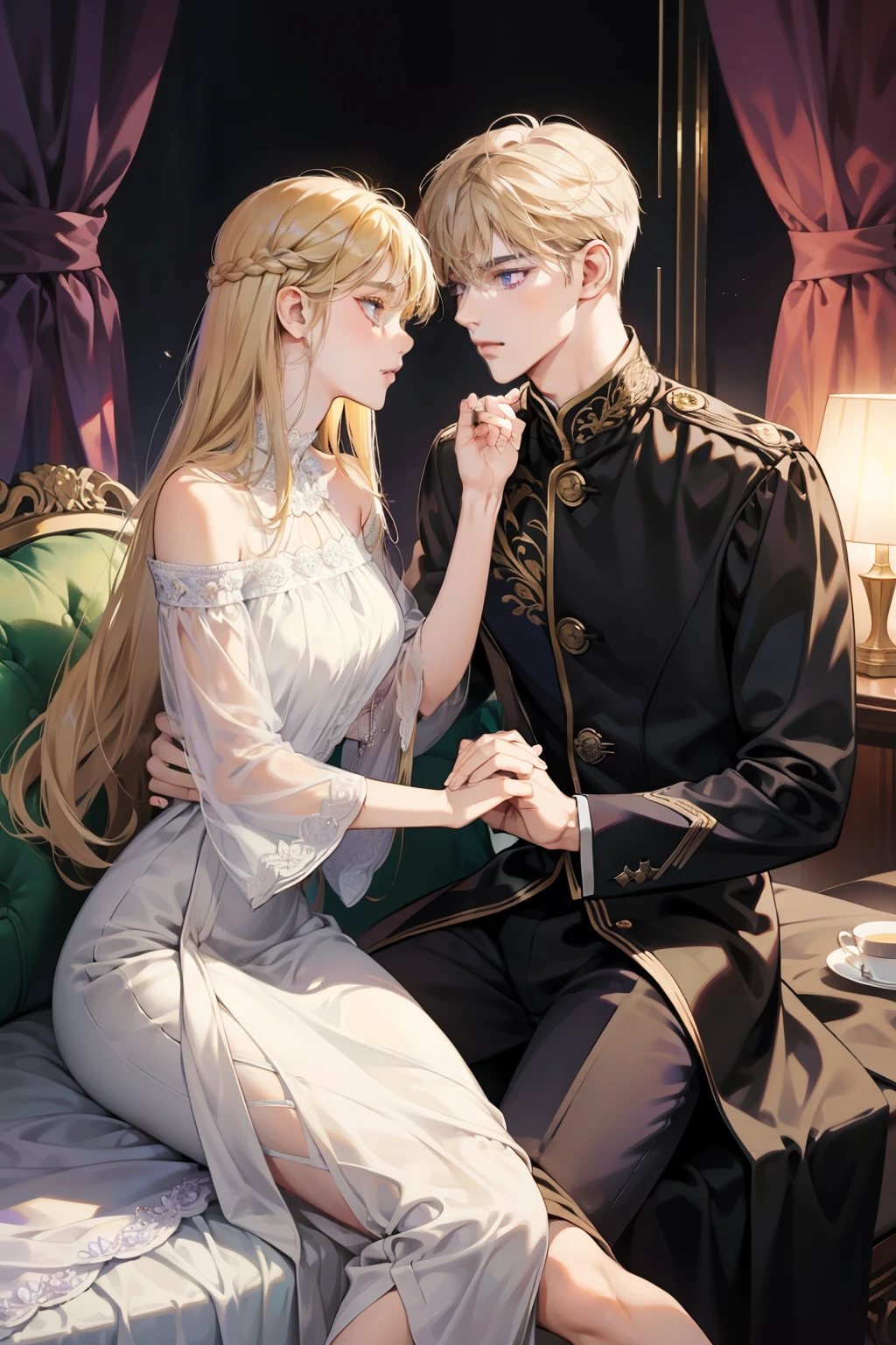 couple, 1 Girl 1 Boy, different hair color, Black bangs, long hair and purple eyes, Short blonde hair and green eyes, Romance, sit on legs, Face to face. Elegant long dress