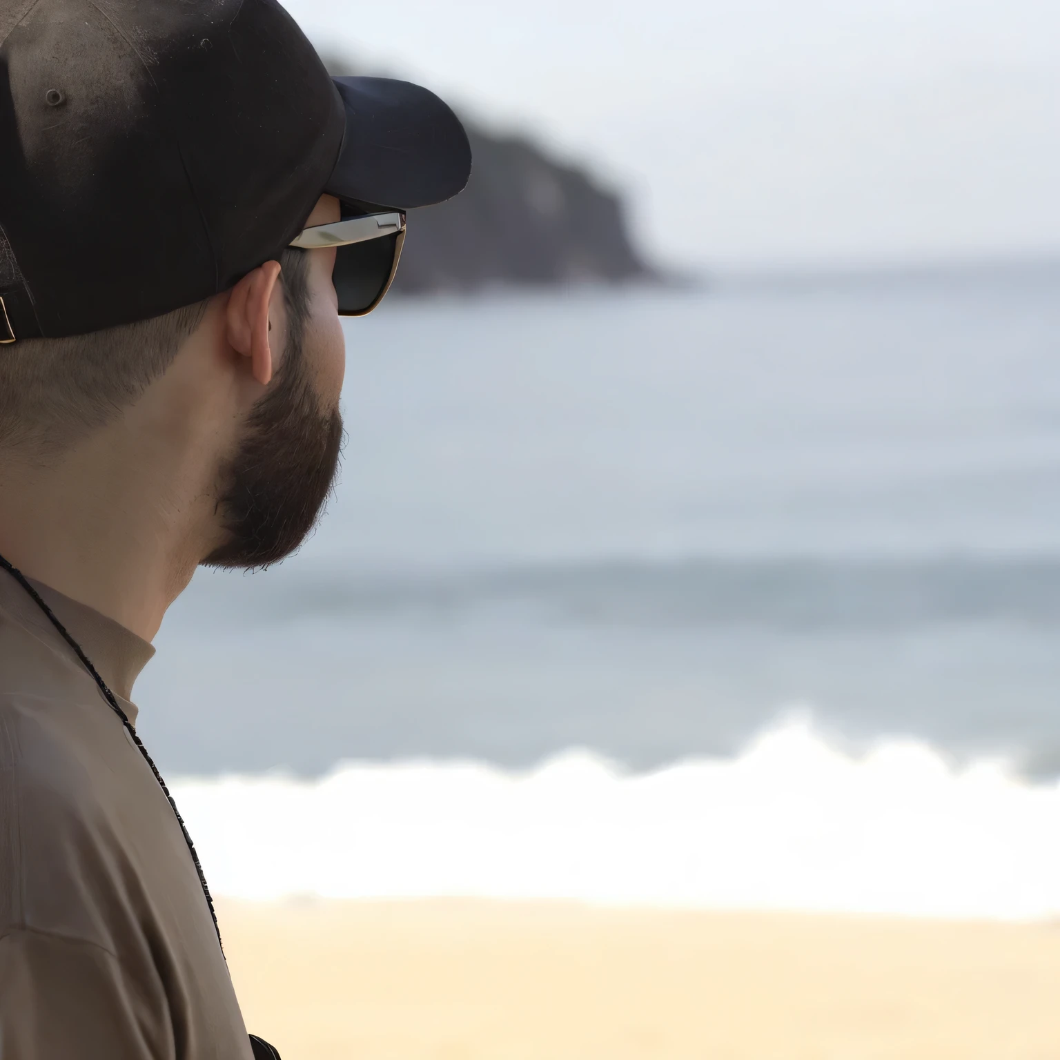 there is a man with a beard and sunglasses on olhando para o oceano, olhando para o oceano, olhando para o oceano, olhando para o mar, the oceano ao fundo, oceano ao fundo, looking away from the camera, olhando para longe, looking away from the camera, com vista para o oceano, olhando para longe, parado na praia