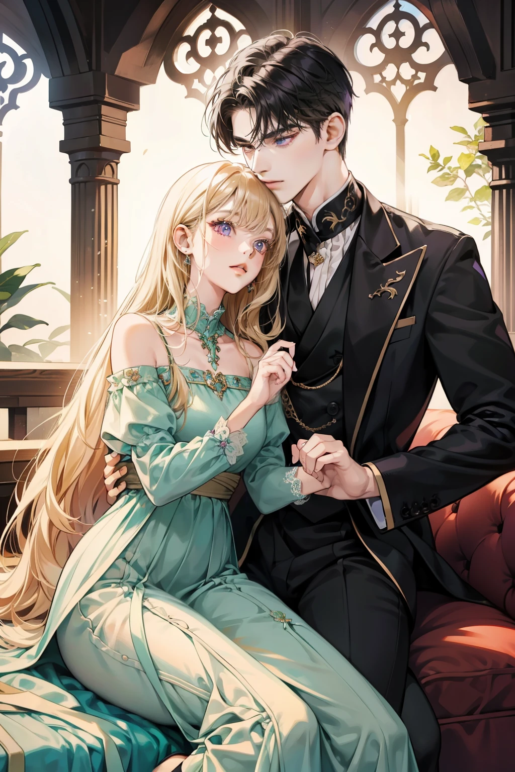 couple, 1 Girl 1 Boy, different hair color, Black bangs, long hair and purple eyes, Short blonde hair and green eyes, Romance, sit on legs, Face to face. Elegant long dress