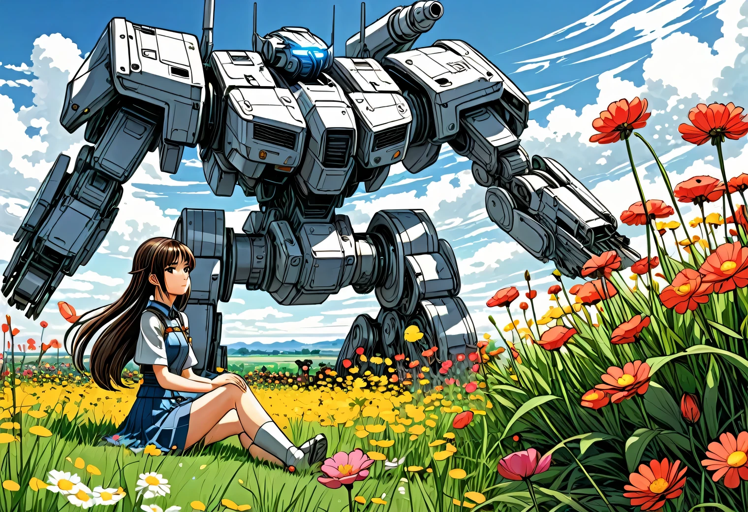 Anime line art, anime girl collects beautiful flowers in the field, next to her is guarded by a large high-tech combat Mech sitting in a clearing, line art, Anime line art