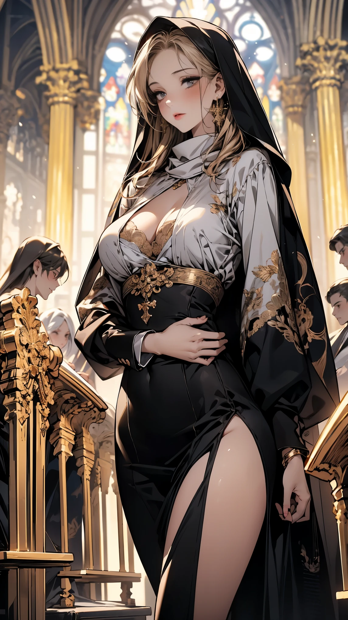 (ultra high resolution, 8k original photo, Photorealistic, thin outline), (movie lighting, Textile shading), (Nun's scarf with gold ornaments:1.3, gold cross jewelry), (巨big deal,  sagging, big deal , cleavage), 1 girl, ((mature woman, milf:1.2)), 20 years old, (bra, Long side slit skirt), Mature saint praying at the altar in church, Working together, dress religious, blush, in hot state, ashamed, looking at the audience, blonde hair, night, Clothes that show off body lines, (Dynamic angle, From the center below), , 