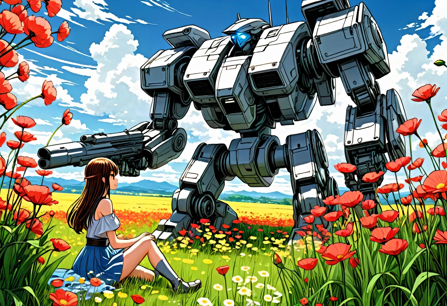 Anime line art, anime girl collects beautiful flowers in the field, next to her is guarded by a large high-tech combat Mech sitting in a clearing, line art, Anime line art