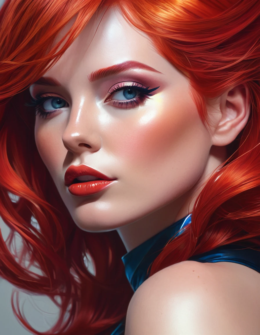 a close up of a potrait of a woman with red hair, mystique, style artgerm, in the style artgerm, extremely detailed artgerm, lois van baarle and rossdraws, artgerm style, artgerm and rossdraws, artgerm comic, artgerm colorful!!!, in style of artgerm