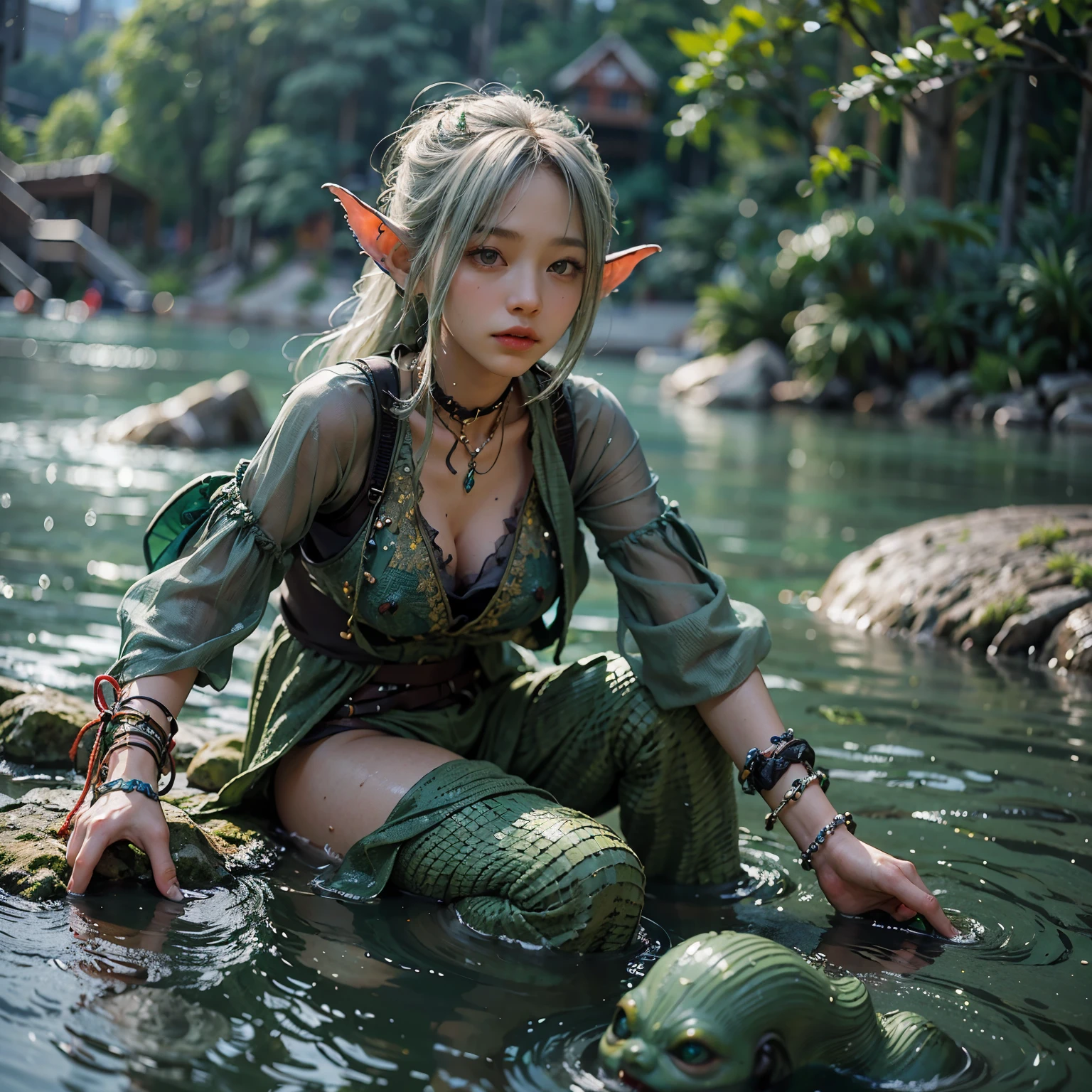 masterpiece、highest quality、Super realistic、Super detailed、1 person、female goblin、beautiful girl、(green skin:1.3), gray hair,shortcut、Simple clothes、Playing in the clear water of the river