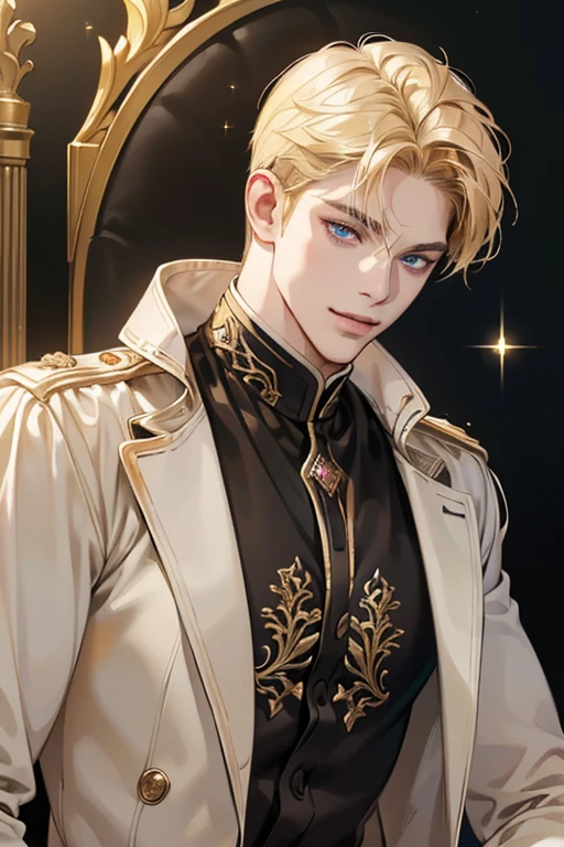 {(best quality, 8k, masterpiece, HDR, soft lighting, perfect image, digital illustration, manhwa art, hyper detailed image, perfect lines, realistic)} 1 very handsome man, short blonde hair, blue eyes, olive skin, clothes luxurious (imposing posture, smiling), {(black background with golden sparkles)}