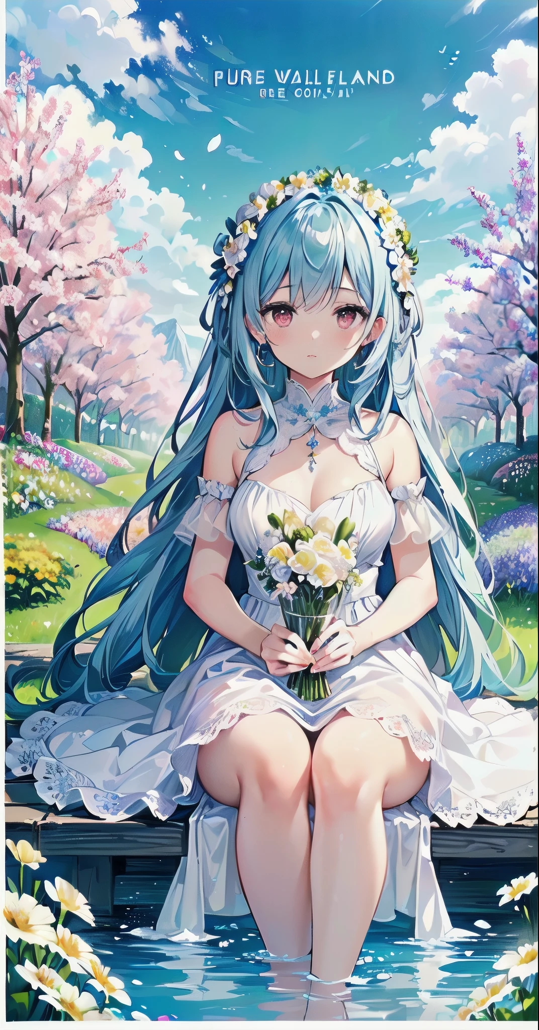 ((best quality)), ((masterpiece)), ((Super detailed)), (illustration), (detail light), (an extremely delicate and fair), ((prune)), incredible_Ridiculous, (Ray tracing), (reflected light), ((movie poster)), (sign:1.3), (English text:1.3), rest (8K:1.3), wallpaper, 1 girl, (Girl among flowers:1.4), (pure sky blue hair, Red eyes:1.5), clear sky, external, Super detailed, best quality, Ultimate quality, masterpiece, fair, beautiful, sit on the floor, (Ridiculously long hair, Clear border of cloth:1.4), (pure white dress, pure white silk cloth:1.5), (Flower land, Thousands of flowers, colorful flowers, flowers around her, various flowers:1.51), young, amazing, attractive, sundress, wonderful scenery, pure white shoes