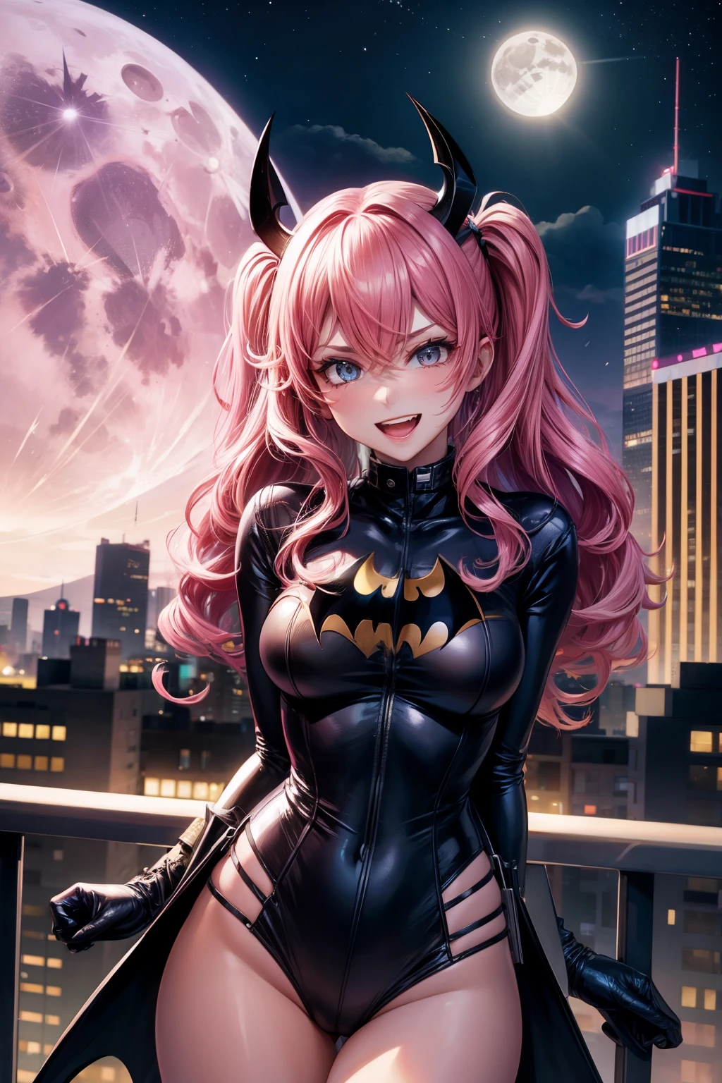 batgirl, pinkhair, Batman Costume ,wavy hair, Buildings at night, sexy, full moon, evil laugh