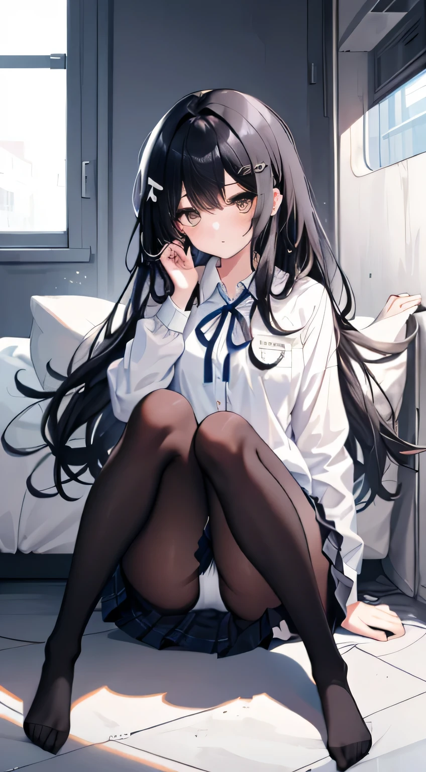 the best, masterpiece, High resolution, (whole body), front, Symmetrical, mature high school girls, alone, (whole body from head to toe), small breasts, slightly messy hair,long black hair, (black beat), black pantyhose, composition Showing white panties, Slender, A very beautiful and tall , ((no shoes)) , shy big eyes, ( (black hair)), (Bangs), messy hair, (hairpin), looking at camera, Showing white panties, (She was asked to sit with her legs spread in an M shape..),a pair of very beautiful legs, White ruffled underwear, high school blazer, Tall white shirt, Blue Ribbon High School, High tube short plaid+Navy blue pleated skirt