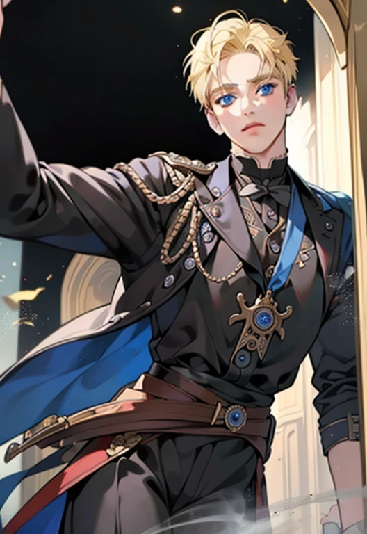 Prince, blue eyes, blonde hair, black outfit, young, mature, masculine man, gold earring, detailed, quality, highly detailed, tan skin, solo, blue eyes, naruto with victorian attire, ((((victorian boy attire)))), 1 boy, ((solo)), uzumaki naruto, whiskermark, sharp gaze