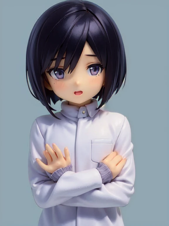 1boy, black chin length hair, purple eyes, white uniform
