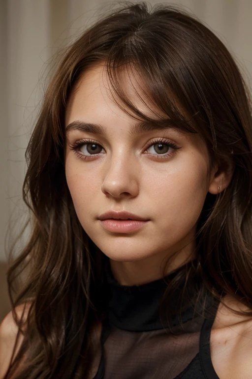 Young beautiful women, medium size breast, brown hair, thin lips, thin eyes, hairs behind the ears, looking straight into camera, soft smile, white woman, realistic skin,