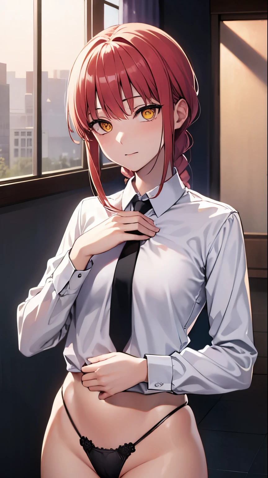 Makima, Makima, Long hair, malicious Bangs, (Small breasts:1.2), (Yellow eyes:1.2), braid, Red hair, braided ponytails, Ringed Eyes, BREAK shirt, Long sleeves, White shirt, neck tie, Collared shirt, thong pantie , garterbelt , Suit, black necktie, shirt tucked in, Break indoors, BREAK looking at viewer, BREAK (masutepiece:1.2), Best Quality, High resolution, Unity 8k wallpaper, (Illustration:0.8), (Beautiful detailed eyes:1.6), extra detailed face, Perfect Lighting, (Perfect hands, Perfect Anatomy), sexy