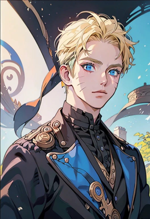 Prince, blue eyes, blonde hair, black outfit, young, mature, masculine man, gold earring, detailed, quality, highly detailed, tan skin, solo, blue eyes, naruto with victorian attire, ((((victorian boy attire)))), 1 boy, ((solo)), uzumaki naruto, whiskermark, sharp gaze