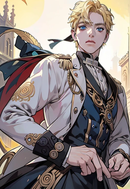 Prince, blue eyes, blonde hair, black outfit, young, mature, masculine man, gold earring, detailed, quality, highly detailed, tan skin, solo, blue eyes, naruto with victorian attire, ((((victorian boy attire)))), 1 boy, ((solo)), uzumaki naruto, whiskermark, sharp gaze