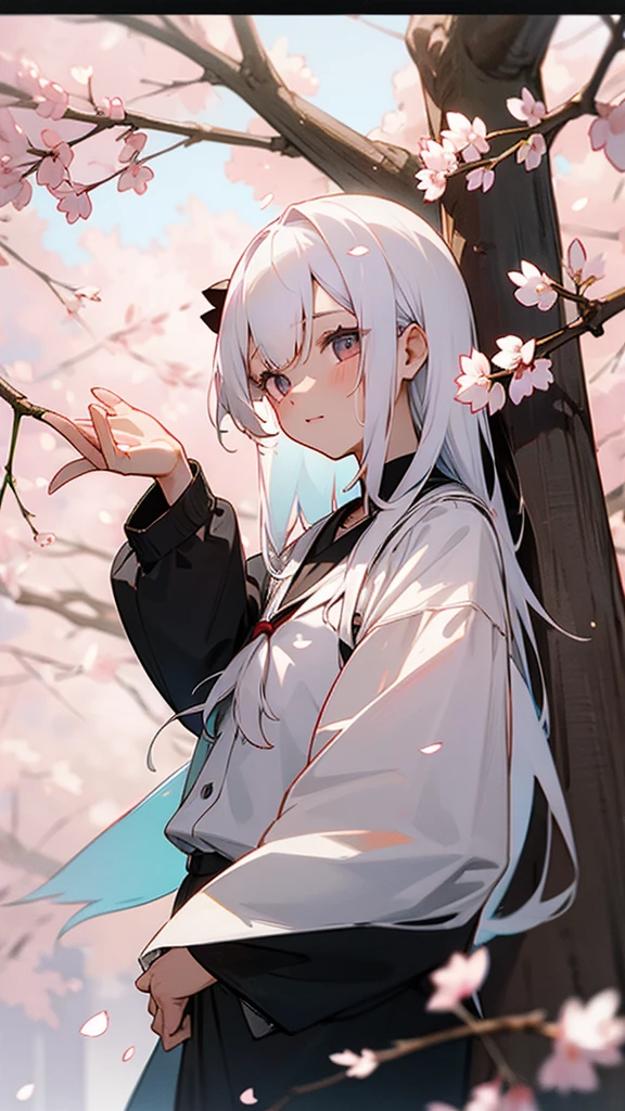 Half black and half white haired girl,cherry blossoms