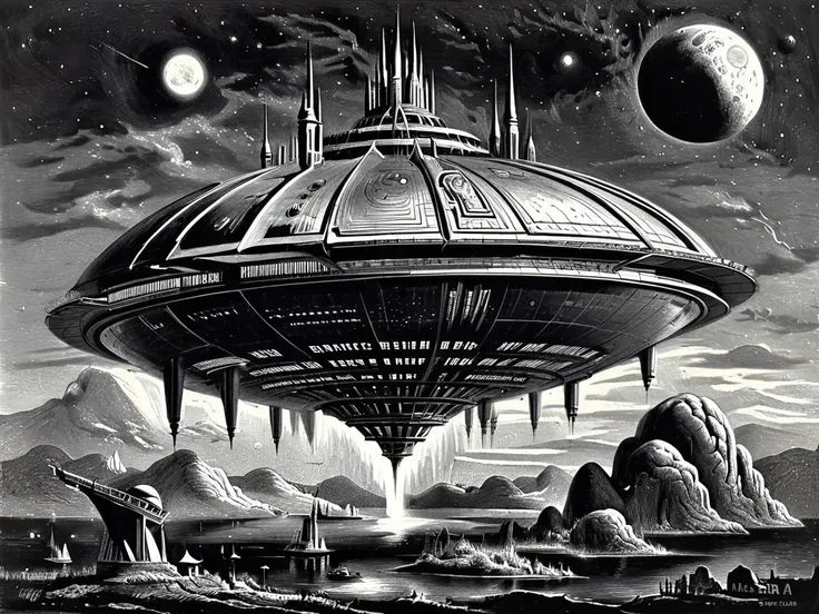 uma nave espacial, 1960s science fiction tv series style, design fora do comum, escala de cinza,monochrome,arte de llbreton,