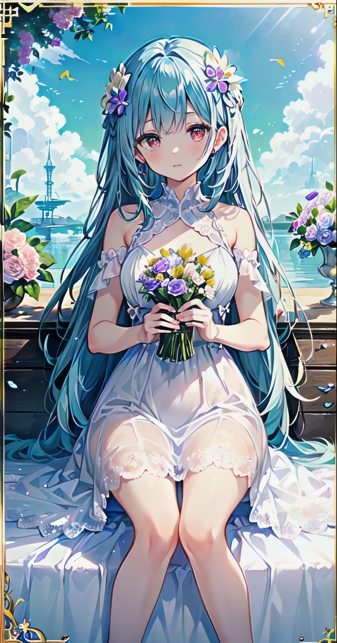 ((best quality)), ((masterpiece)), ((Super detailed)), (illustration), (detail light), (an extremely delicate and fair), ((prune)), incredible_Ridiculous, (Ray tracing), (reflected light), ((movie poster)), (sign:1.3), (English text:1.3), rest (8K:1.3), wallpaper, 1 girl, (Girl among flowers:1.4), (pure sky blue hair, Red eyes:1.5), clear sky, external, Super detailed, best quality, Ultimate quality, masterpiece, fair, beautiful, sit on the floor, (Ridiculously long hair, Clear border of cloth:1.4), (pure white dress, pure white silk cloth:1.5), (Flower land, Thousands of flowers, colorful flowers, flowers around her, various flowers:1.51), young, amazing, attractive, sundress, wonderful scenery, pure white shoes