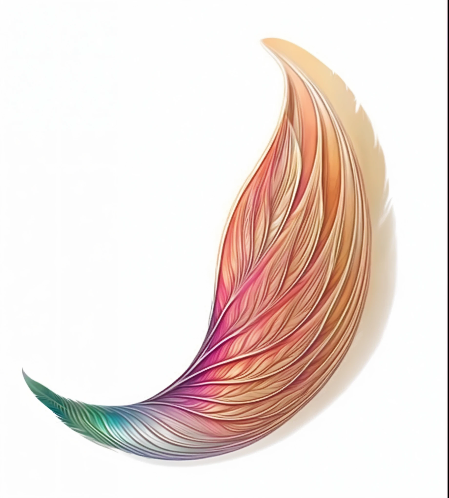 a close up of a colorful feather on a white background, soft feather, beautiful feather, feather, intricate a whole fantasy leaf, finely detailed illustration, fractal feathers, real feather, wing, smooth and clean vector curves, a beautiful artwork illustration, feathery wings, digital illustration, digital art illustration, clean cel shaded vector art, linear illustration, by Aya Goda