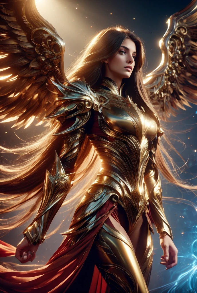 Winged woman, saint woman, HUGE LONG HAIR, Brown hair, HUGE BROWN FEATHERS, Golden armor, LONG BLUE BODYSUIT, Pale skin, Blue eyes, EYE LIGHTING, rosy cheeks, MENTAL HOLE, athletic body, GLOWING AURA OF THE BODY, Muscles, AURA LIGHTING, Golden bracelets, Golden Handles, backlight,light waves emanate from it, Sun, River, saint woman, side view of the body, Angel from heaven