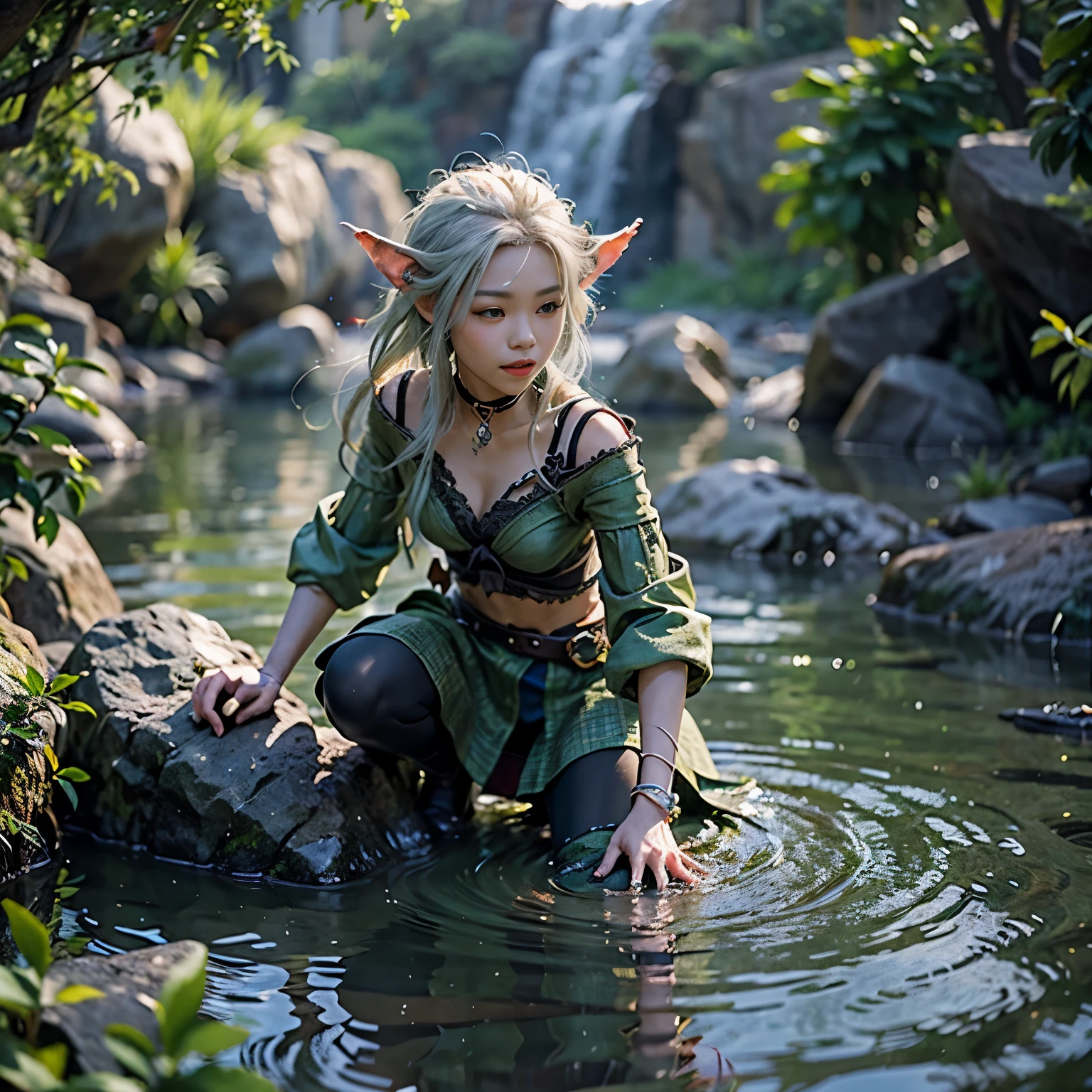 Elf girl with blue eyes and black hair wielding a katana with a background of a waterfall, several green trees, tulips, roses and mountains