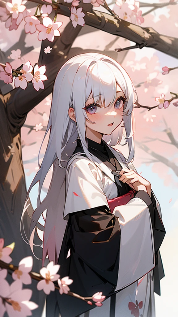 Half black and half white haired girl,cherry blossoms