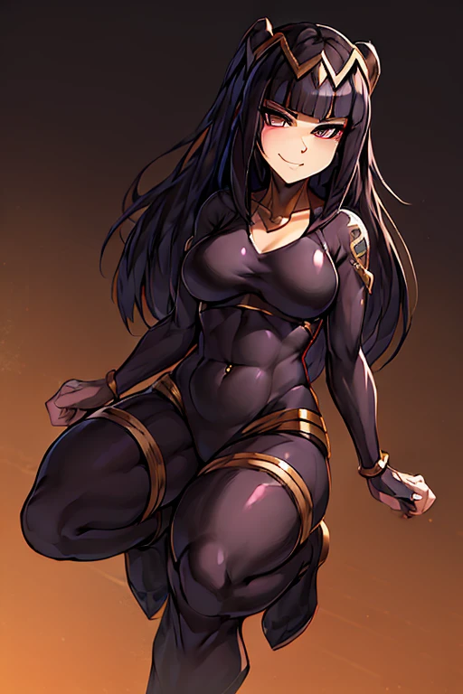 1girl,bodysuit,tattoo,cyber boots,cyber gauntlets, thigh strap,thick arms,thick legs,arm cover,evil smile, smirk,
face tattoo,ring pierced earrings,tharja, 