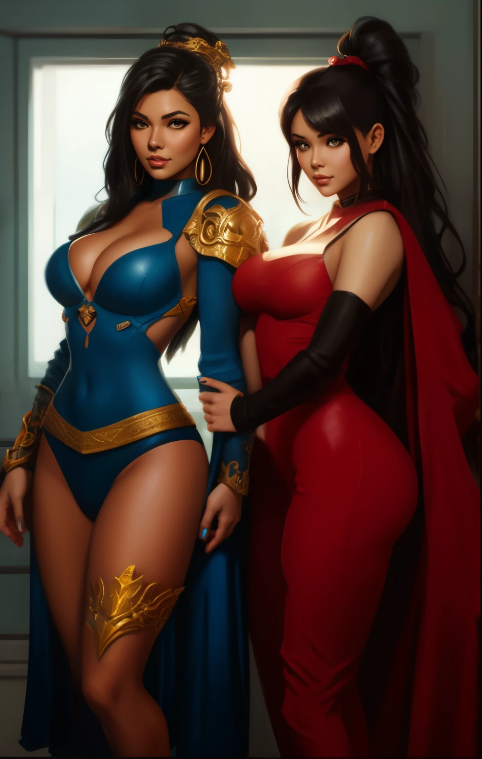 two women in costumes are posing for a picture, wlop and artgerm, wlop and sakimichan, 4k fantasy art, artgerm and wlop, tyler edlin fantasy art, fantasy character art, hd fantasy art, artgerm and genzoman, fantasy style art, wlop and rossdraws, digital fantasy art )