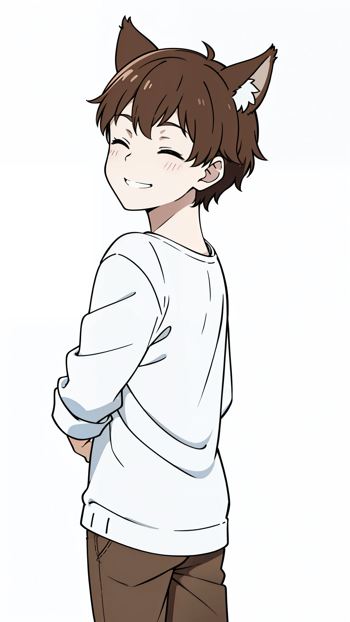 (1boy,8 years old)),solo,brown hair,short hair,fox ears,casual outfit,(white background,line drawing),smug,from back,smile,closed eyes,teeth