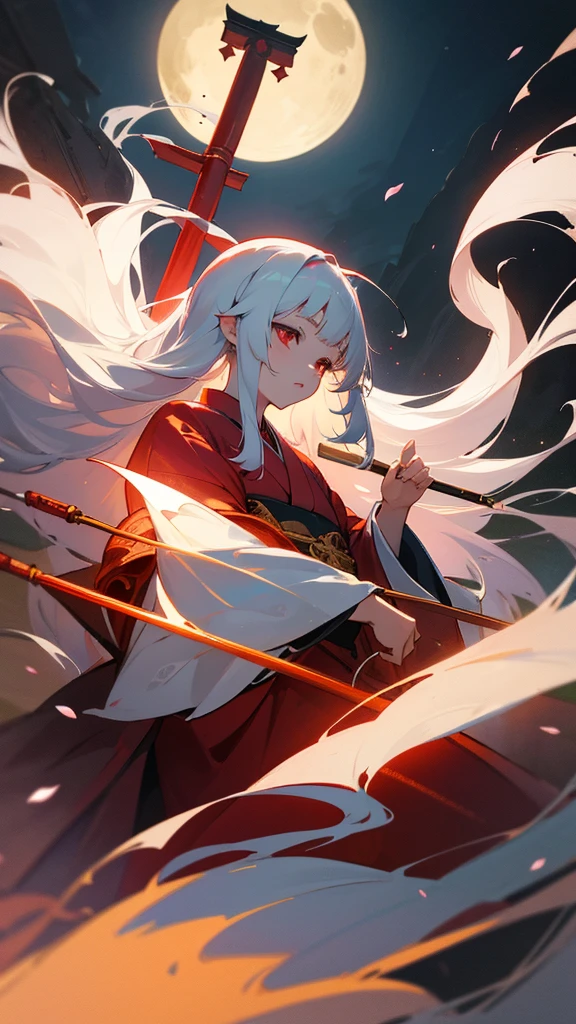 shrine maiden of ancient japanese shrine, pretty girl, kimono, long white hair, ruby red eyes, Princess, Kaguya, full moon, Haori, , Wield the shrine maiden's staff, summon spirits and ghosts, Ghosts and spirits fly around her, at night, very detailed, vivid appearance, creative action, very detailed, imaginative, , Voluntary, highest quality, skin texture, intricate details, (cinematic lighting), Raw photo, 8K, masterpiece,highest quality,Super detailed,very detailedイラスト,very detailed,intricate details,High resolution,超intricate details,very detailed 8K cg wallpaper,cherry blossoms