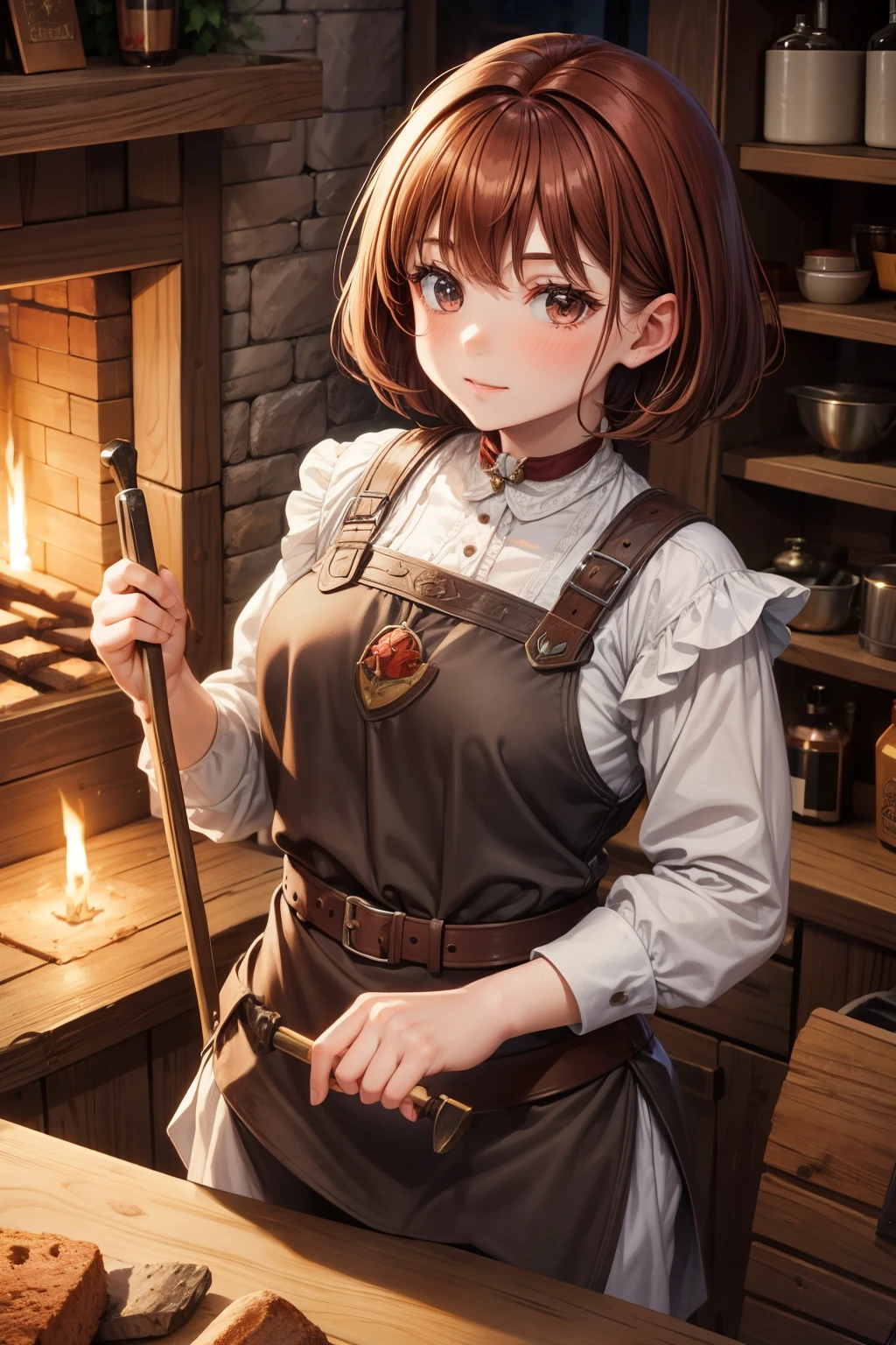 cute girl ,dwarf, reddish brown hair, short hair ,blacksmith or hammer, Medieval curing area, sexy