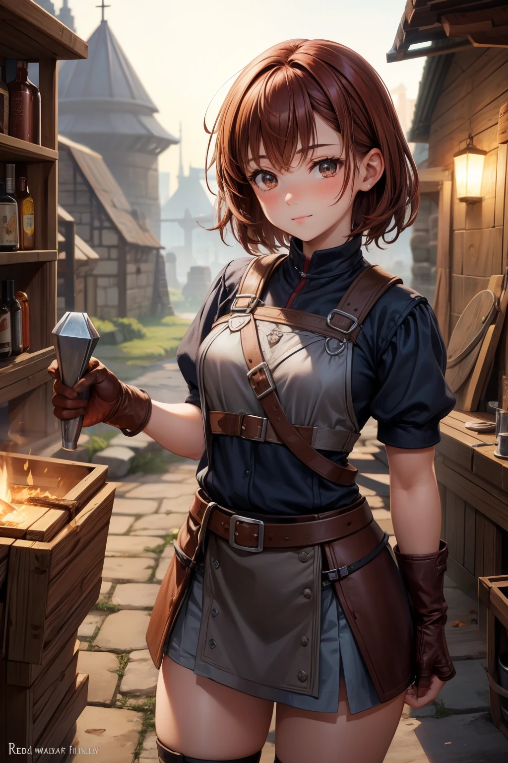 A young blacksmith, in a weapon shop behind the counter, axes and swords hanging on the wall, fantasy,weapon shop, cinematic, unreal engine 5, hyper realism, very detailed, sharp focus, high quality