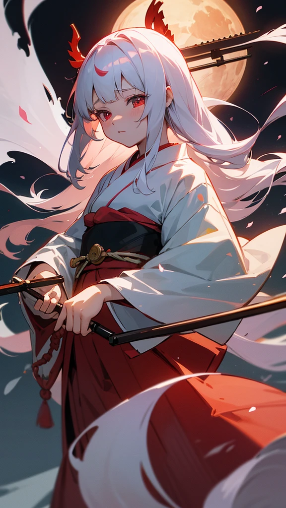 shrine maiden of ancient japanese shrine, pretty girl, kimono, long white hair, ruby red eyes, Princess, Kaguya, full moon, Haori, , Wield the shrine maiden's staff, summon spirits and ghosts, Ghosts and spirits fly around her, at night, very detailed, vivid appearance, creative action, very detailed, imaginative, , Voluntary, highest quality, skin texture, intricate details, (cinematic lighting), Raw photo, 8K, masterpiece,highest quality,Super detailed,very detailedイラスト,very detailed,intricate details,High resolution,超intricate details,very detailed 8K cg wallpaper,cherry blossoms,cherry blossomsの巨木,cherry blossomsが舞う