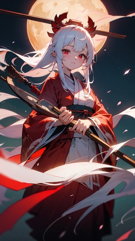 shrine maiden of ancient japanese shrine, pretty girl, kimono, long white hair, ruby red eyes, Princess, Kaguya, full moon, Haori, , Wield the shrine maiden&#39;s staff, summon spirits and ghosts, Ghosts and spirits fly around her, at night, very detailed, vivid appearance, creative action, very detailed, imaginative, , Voluntary, highest quality, skin texture, intricate details, (cinematic lighting), Raw photo, 8K, masterpiece,highest quality,Super detailed,very detailedイラスト,very detailed,intricate details,High resolution,超intricate details,very detailed 8K cg wallpaper,cherry blossoms,cherry blossomsの巨木,cherry blossomsが舞う