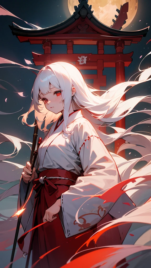 shrine maiden of ancient japanese shrine, pretty girl, kimono, long white hair, ruby red eyes, Princess, Kaguya, full moon, Haori, , Wield the shrine maiden&#39;s staff, summon spirits and ghosts, Ghosts and spirits fly around her, at night, very detailed, vivid appearance, creative action, very detailed, imaginative, , Voluntary, highest quality, skin texture, intricate details, (cinematic lighting), Raw photo, 8K, masterpiece,highest quality,Super detailed,very detailedイラスト,very detailed,intricate details,High resolution,超intricate details,very detailed 8K cg wallpaper,cherry blossoms,cherry blossomsの巨木,cherry blossomsが舞う