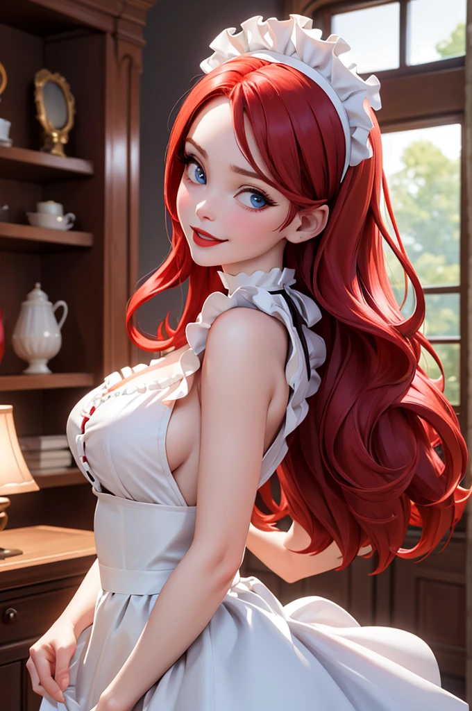 My dress up darling, Marin Kitagawa, red eyes, stunning proportions, white background, long hair, extremely detailed, blushing, cum, dripping, ((soft, soft light, gentle)), vagina, no panties, bed, drool, drooling, dripping cum, dripping, (frilly black short socks, frills, frilly), smile, red hair, devil wings
