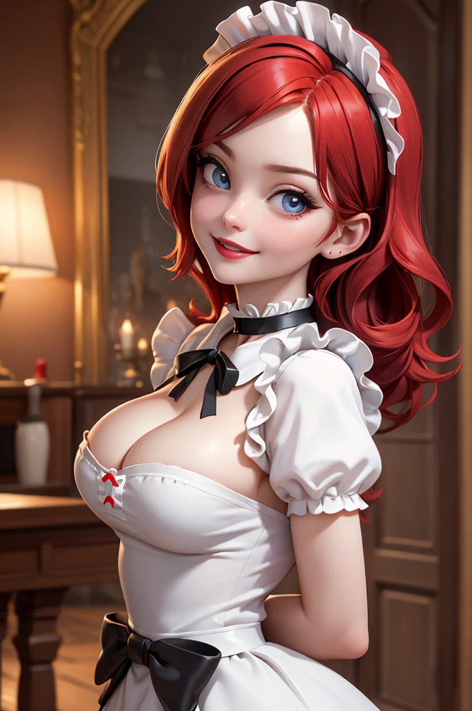 A pretty maid. best quality, masterpiece, red hair, sky blue eyes, wearing a steriotypical French maid outfit, (headdress、white blouse、black ribbon、White Apron、ruffle skirt、puff sleeves、collar、choker、apron with fine ruffles:1.3)、black maid costume). looking up, upper body,hair strand,Fair skin, Large chest,. Adorable, mature Woman,detailed big-eyed woman, round face. promenent red lips. Smileing,In the mansion library, large ass, Picture from the side,looking at the scenes, intense colors, Very valuable details, complex details, volumetric lighting, digital art, 8k, trending on Artstation, Clear focus, complex details, highly detail, Greg Rutkowski Big Eyes, high-resolution, red hair. Ellie Bamber., attractive chest, .Photorealistic. Confidence, self esteem, assertiveness, dominance. wide Amused smile. Sultry expression. , Cleavage. Perky bosum.