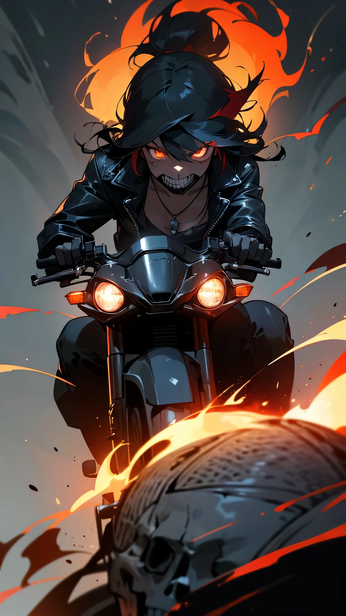 (best quality,4k,8k,highres,masterpiece:1.2),ultra-detailed,(realistic,photorealistic,photo-realistic:1.37),horror,portrait,colorful lighting,red and black color scheme,sharp focus,ghostly flames,scary expression,fiery eyes,demonic smile,leather jacket,fiery motorcycle,smoke and ashes,ominous atmosphere,dark background,glowing chains,intense action,aggressive pose,flaming hair,female biker,skull necklace,shadowy figure,mysterious fog,distorted skull face,vengeful spirit,burning rubber,ghostly trails,flaming skull helmet,haunting presence,terrifying speed,endless night,menacing aura,sparks and embers,intense heat,unearthly strength,powerful motorcycle engine.